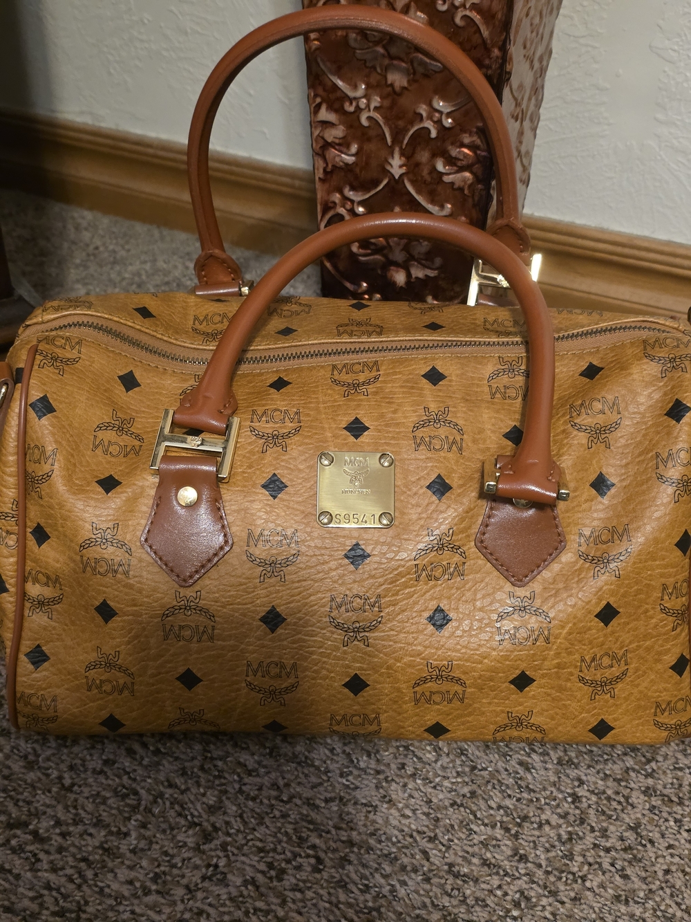 MCM Cognac Visetos Monogram Barrel Satchel with Brown Leather Trim